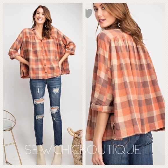Rust Plaid Button Down Oversized Shirt - Picture 2 of 8